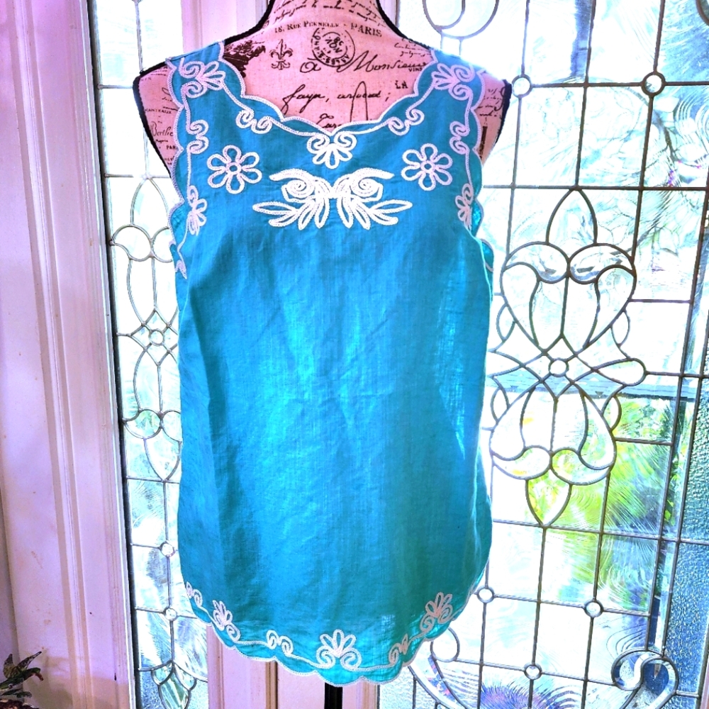 NWT Talbots Linen Sleeveless Embroidered Aqua Top Size Small